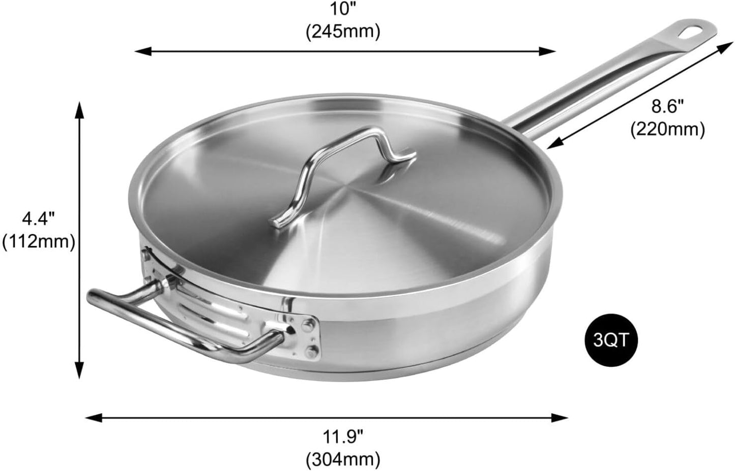 Sartén Acero Inox 18/8 3qt Con Tapa 2.8pulg