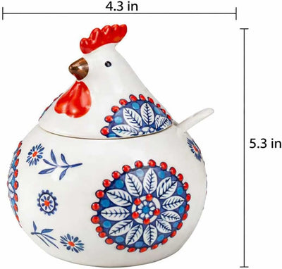 Tarro de especias con tapa cerámica y cuchara pequeña diseño gallo campestre