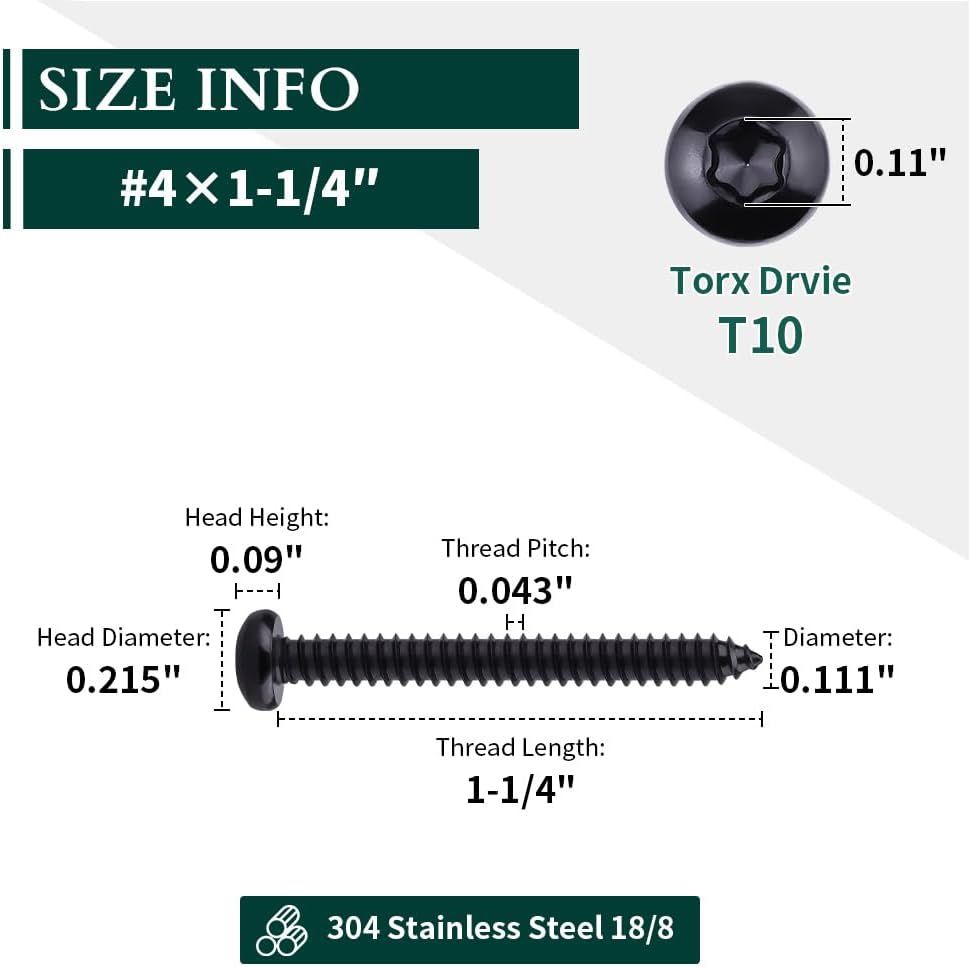 100 Tornillos Torx Acero Inox 304 1-1/4pulg Negro