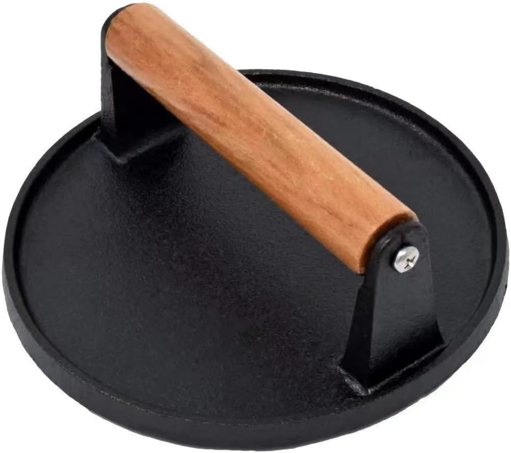 Prensa carne hierro fundido mango madera antiadherente