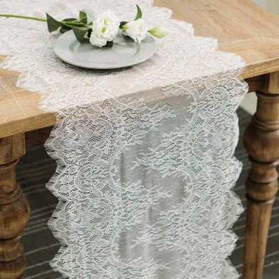 Camino de mesa de encaje blanco y marfil bohemio 14 x 120 pulgadas