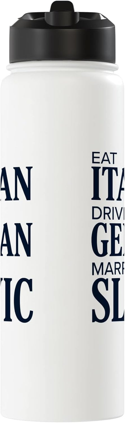 Botella de agua aislada acero inoxidable frase divertida italiana alemana eslavona