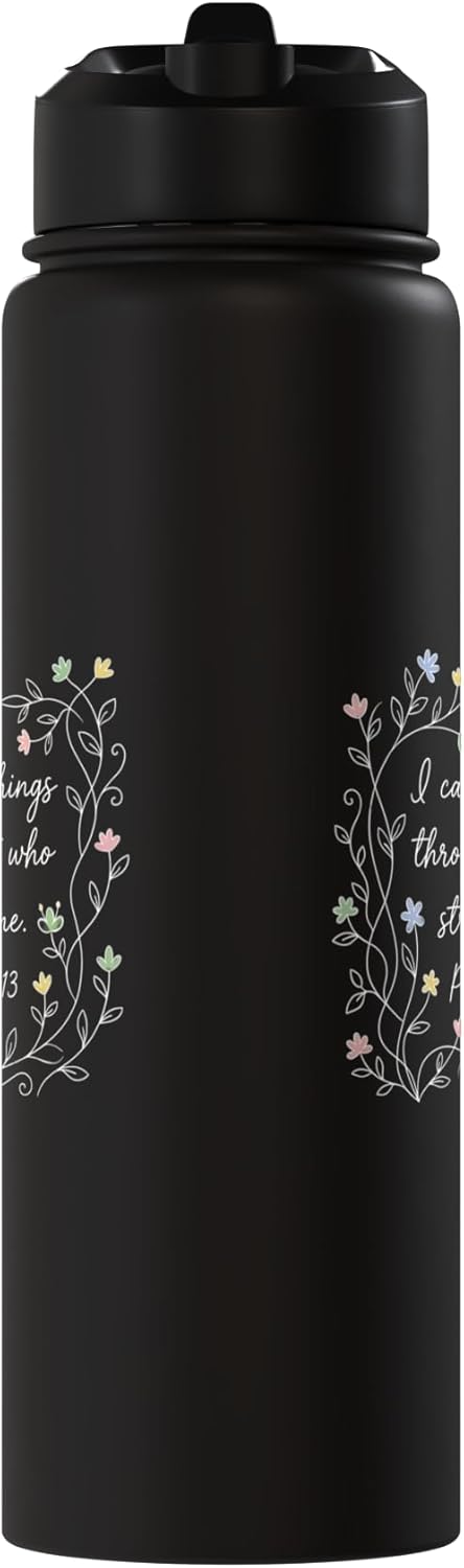 Botella de agua acero inoxidable aislada con flores y fe cristiana
