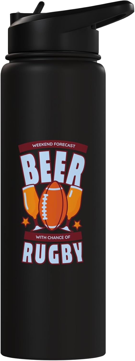 Botella de agua acero inoxidable aislada con chance de rugby