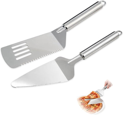 Juego de 2 moldes de acero inoxidable para tartas y servidor con espátula dentada para cortar pasteles, pizza y lasaña