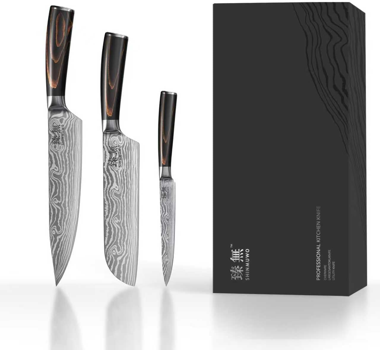 Set 3 Cuchillos Chef Santoku Acero Inox Ergonómico Madera