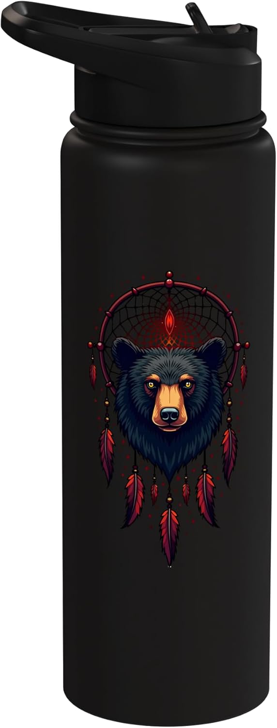 Bottle de agua aislada con plumas indígenas y acero inoxidable