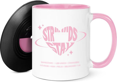 Taza de café Swico con posavasos retro para vinilos, blanco y rosa, 11 oz
