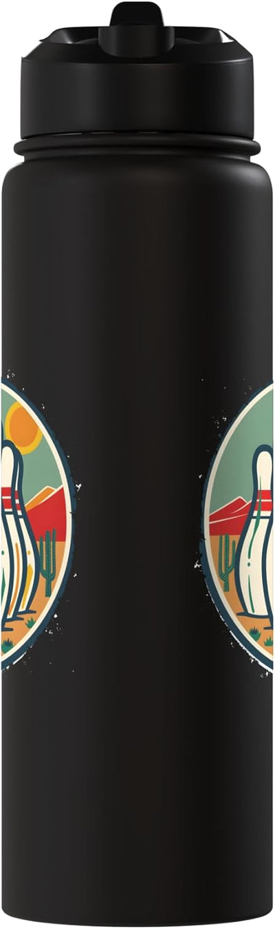 Botella de agua acero inoxidable aislada estilo retro bolos