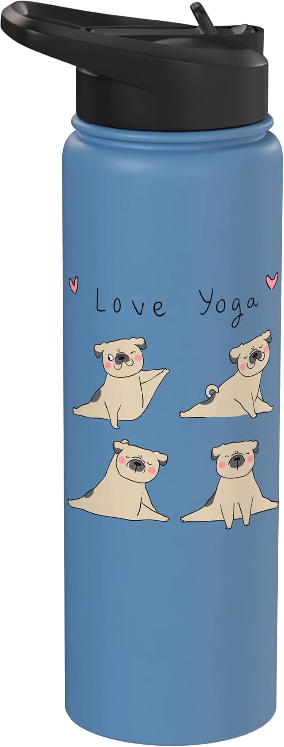 Botella de agua acero inoxidable aislada con estampado de pug y meditación