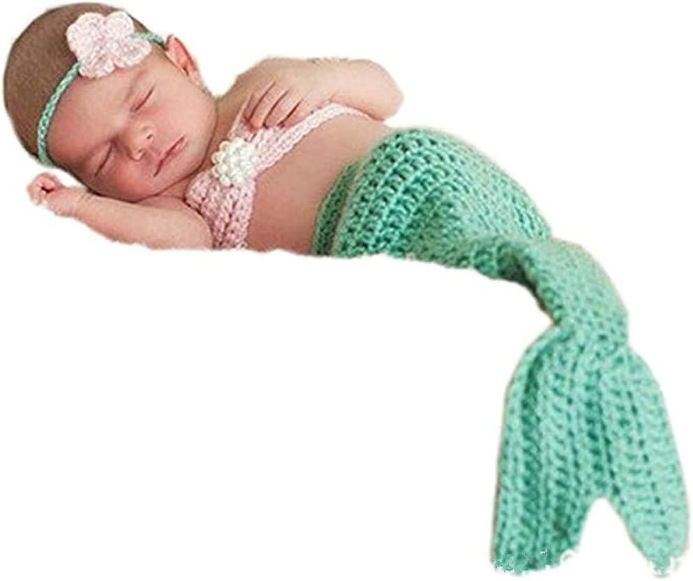 Vincha, cola y brasier de sirena tejido al ganchillo para bebé