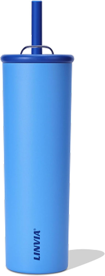 Botella de agua aislada de acero inoxidable sin BPA con tapa 2 en 1 y popote flexible azul