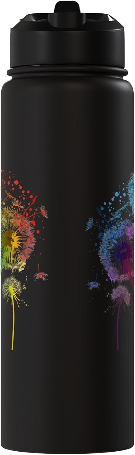 Botella de agua acero inoxidable aislada con pintura de flores de diente de león