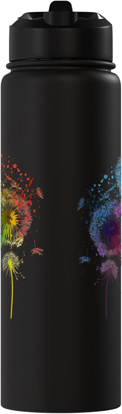 Botella de agua acero inoxidable aislada con pintura de flores de diente de león