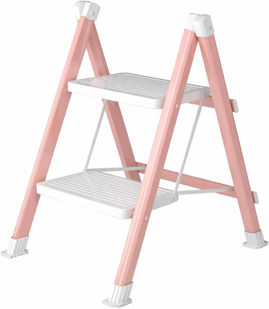 Escalera 2 escalones plegable acero rosa blanco