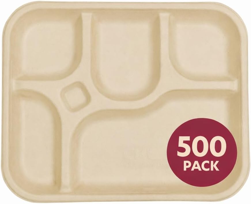 500 Pzas Bandejas Compostables Divididas 12x9.5”