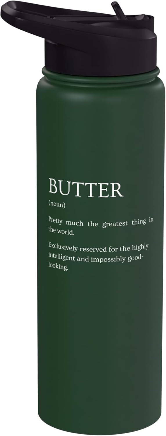 Botella agua acero inox aislada con explicación de mantequilla