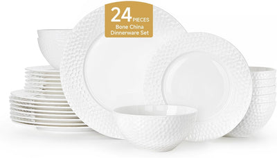 Set 24 Pzas Vajilla Porcelana Blanca Borde Martillo Elegante