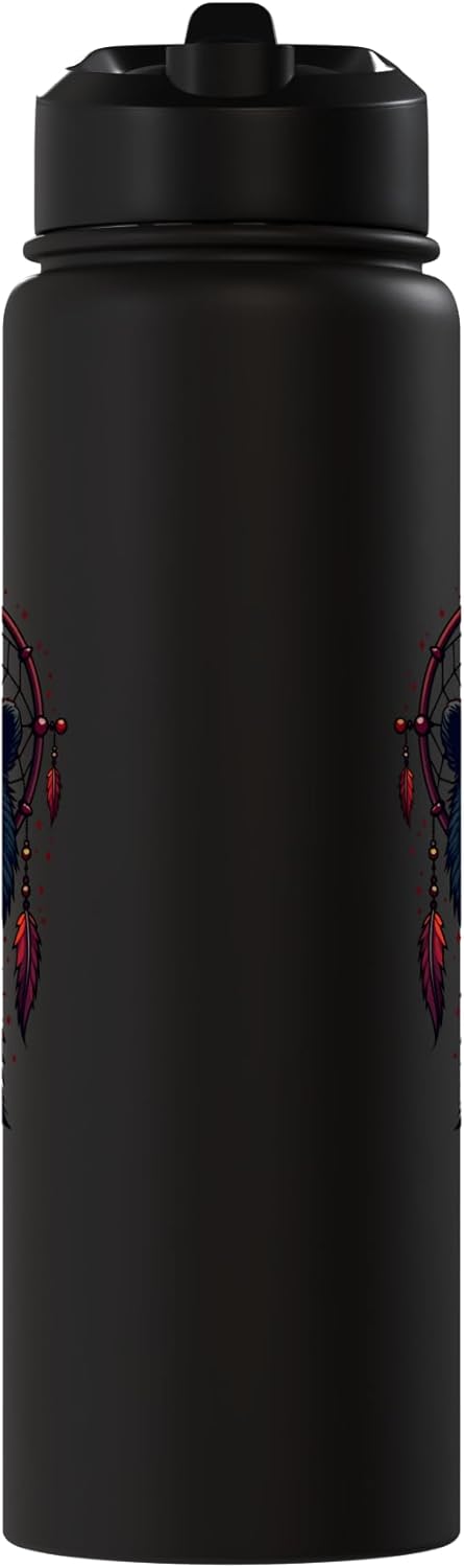 Bottle de agua aislada con plumas indígenas y acero inoxidable