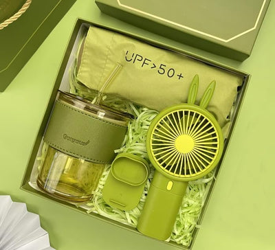 Set regalo para mujer y hombre con tumbler de 13 oz, abanico portátil y paraguas plegable