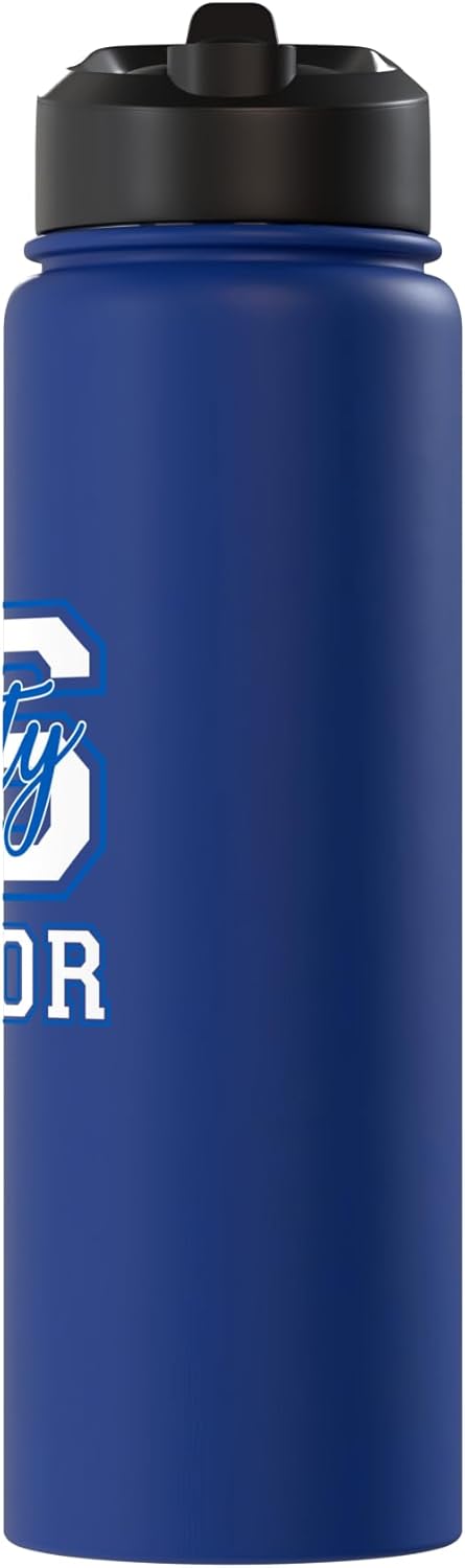 Botella de agua acero inoxidable sin BPA con letras varsity blanco azul