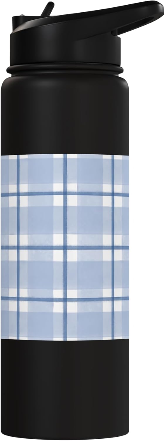 Botella de agua estampado gingham azul acero inoxidable aislada