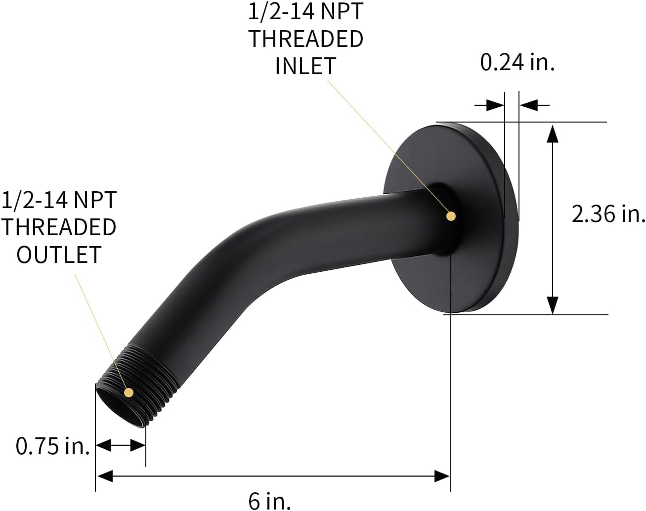 Brazo ducha pared 6pulg brida teflón negro mate