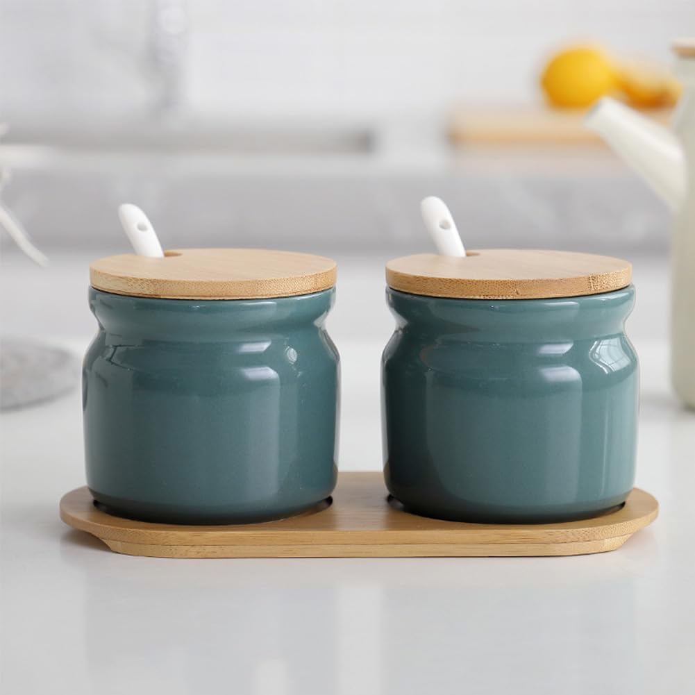 Azucarero de cerámica con tapa y cuchara, tarro de condimentos 10.56 oz