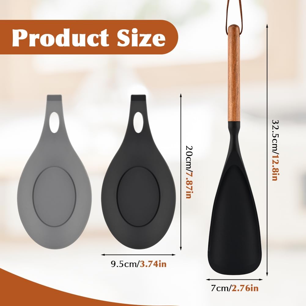 2 cucharas de silicona con mango de madera y reposarillas, espátula antiadherente color negro