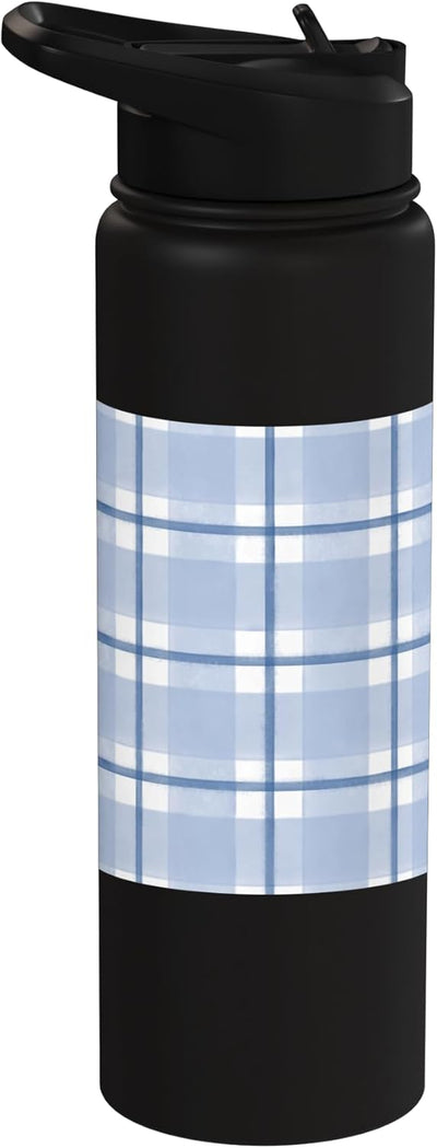 Botella de agua estampado gingham azul acero inoxidable aislada