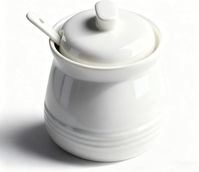 Tarro azúcar porcelana con tapa y cuchara 12oz blanco