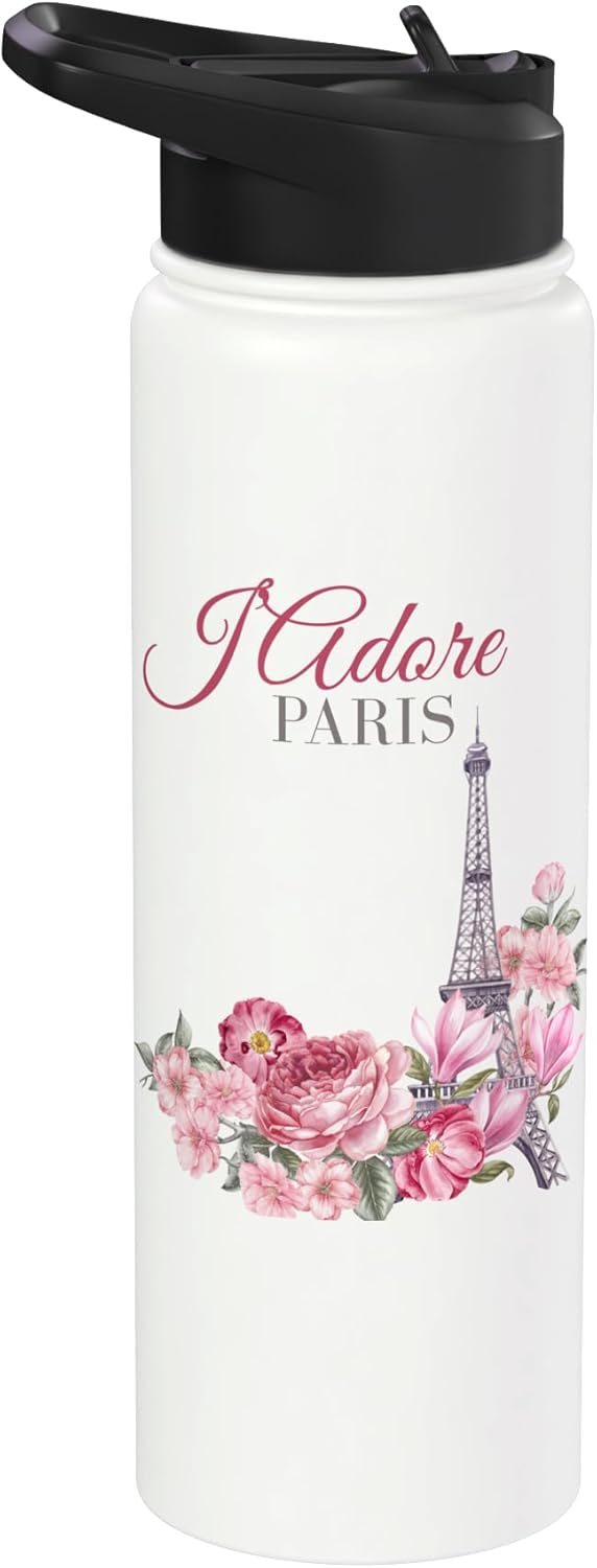Botella de agua aislada de acero inoxidable con diseño floral de París