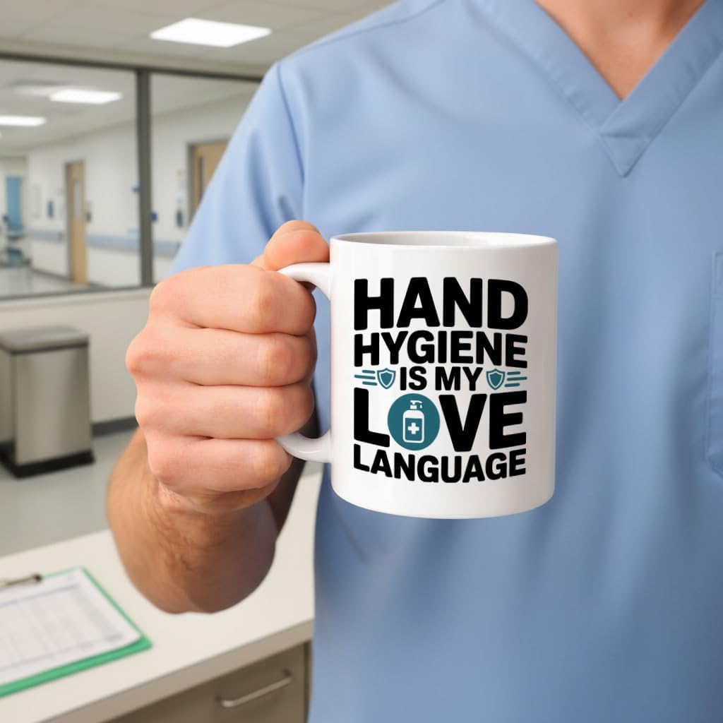 Taza de café para enfermeras con mensaje de higiene de manos
