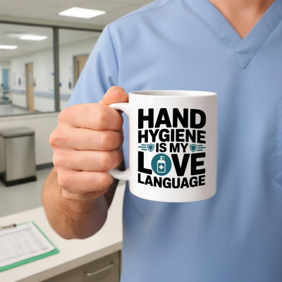 Taza de café para enfermeras con mensaje de higiene de manos