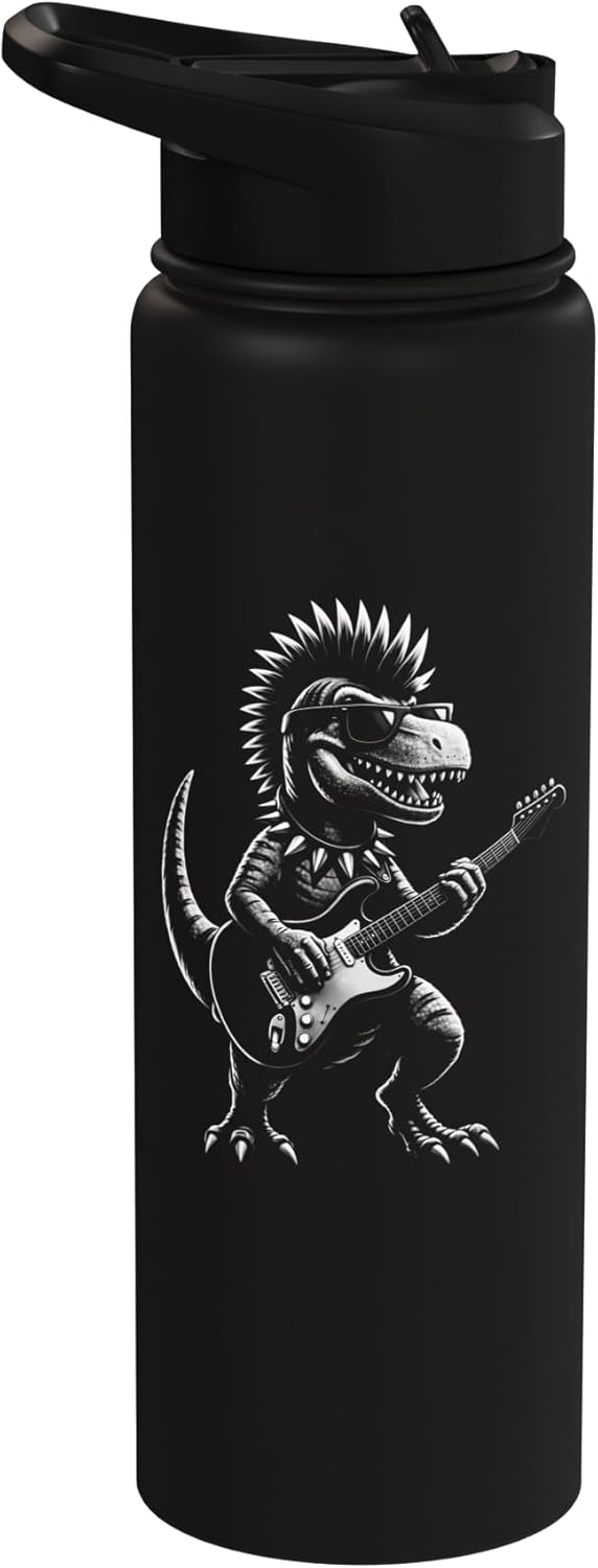 Botella de agua aislada de acero inoxidable con dinosaurio tocando guitarra
