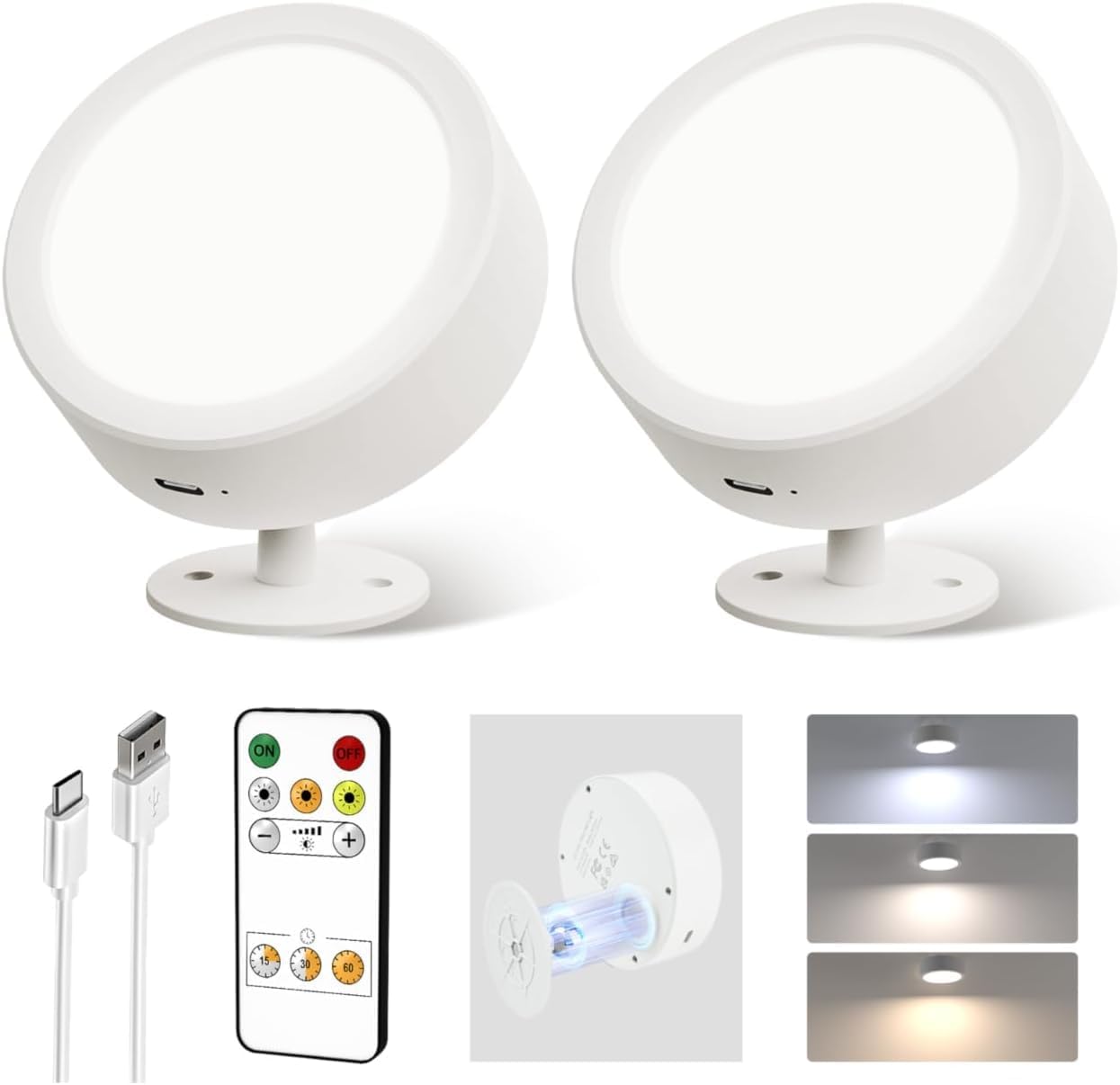 Luz LED pared inalámbrica recargable 3000mAh 3temp color