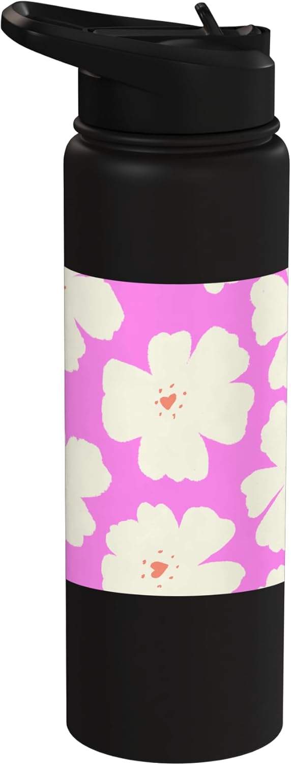 Botella de agua aislada de acero inoxidable con flores de color crema y rosa