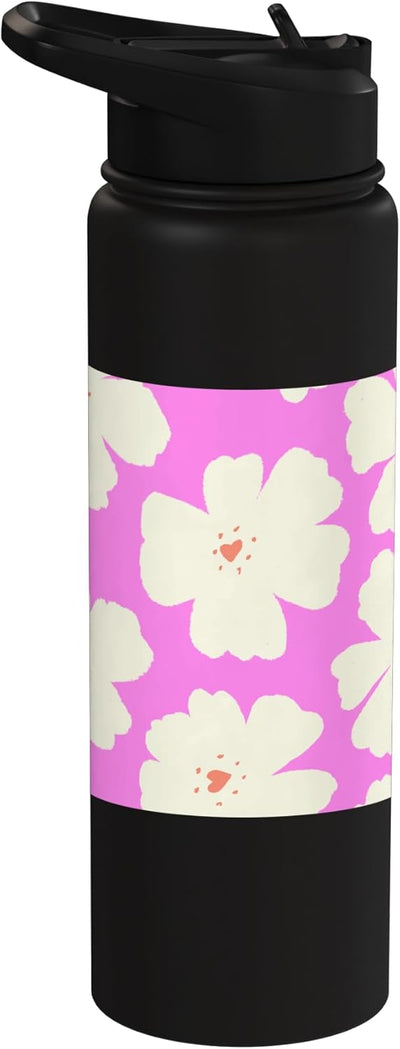 Botella de agua aislada de acero inoxidable con flores de color crema y rosa