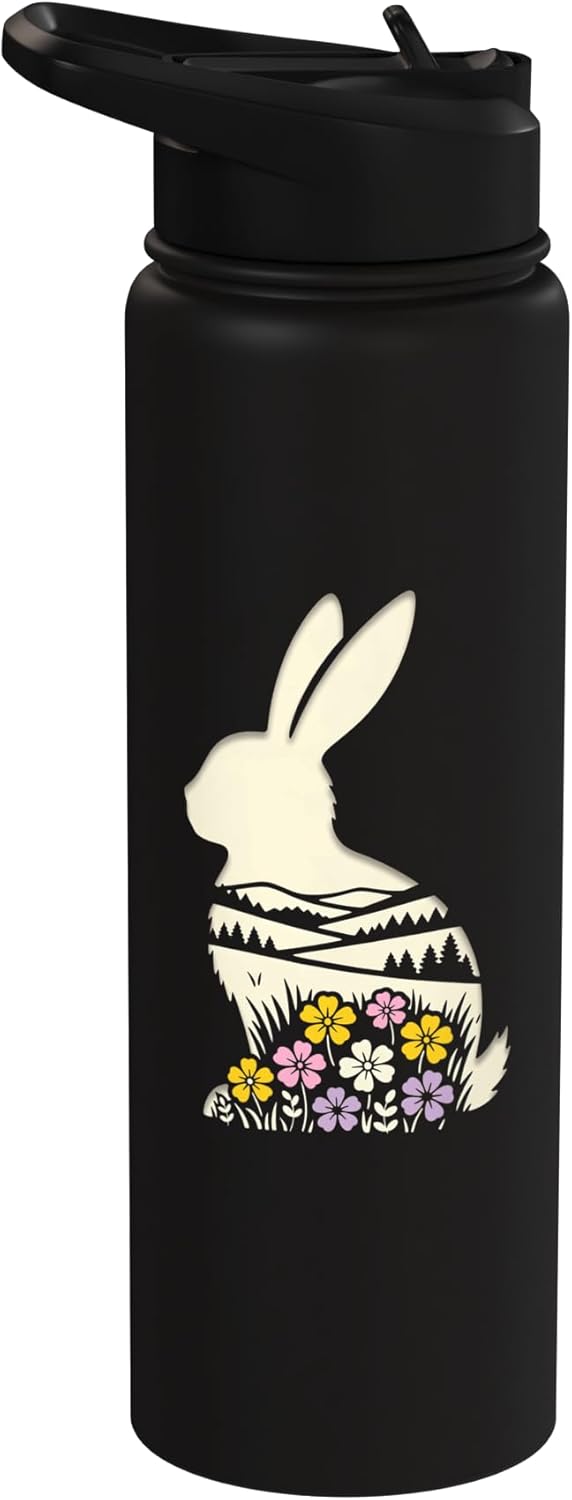 Botella de agua aislada conejito silueta flores primavera
