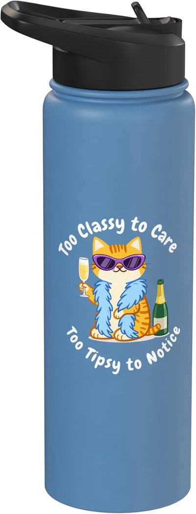 Botella agua acero inox aislada con gato sipping champagne