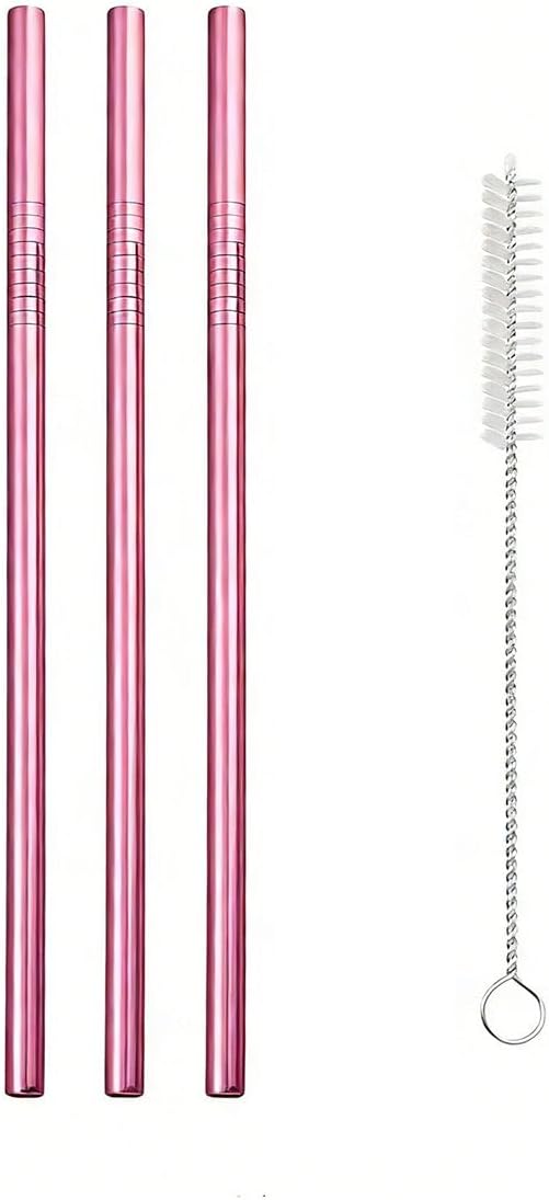 3 Pzas Pajitas Acero Inox 10.5pulg Reutilizables Rosa