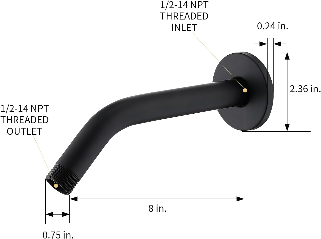 Brazo ducha pared 8pulg brida cinta teflón negro mate