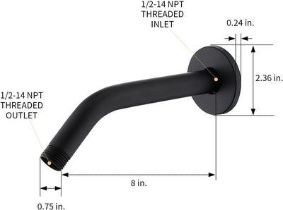Brazo ducha pared 8pulg brida cinta teflón negro mate