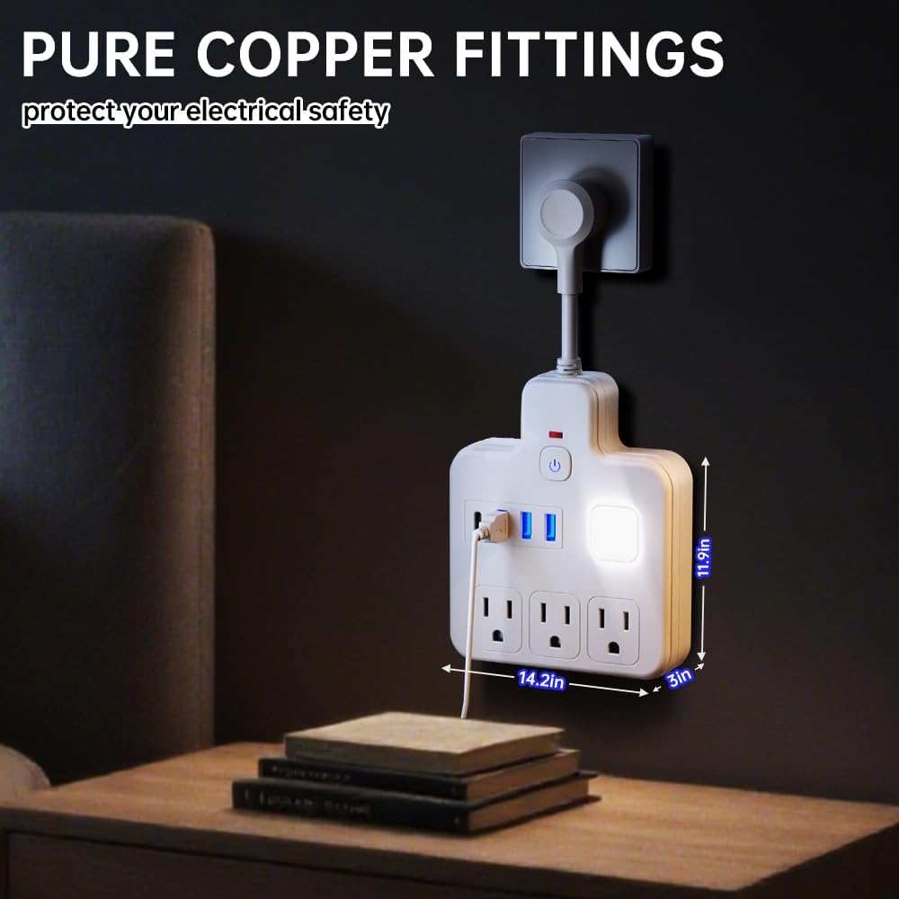 Cable extensión USB múltiple con 3 salidas CA y luz nocturna