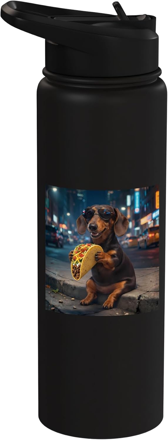 Bottella de agua aislada perro dachshund comiendo taco acero inoxidable