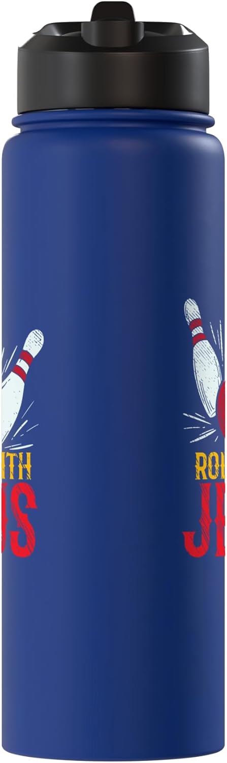 Botella de agua acero inoxidable aislada con diseño de jugador de bowling
