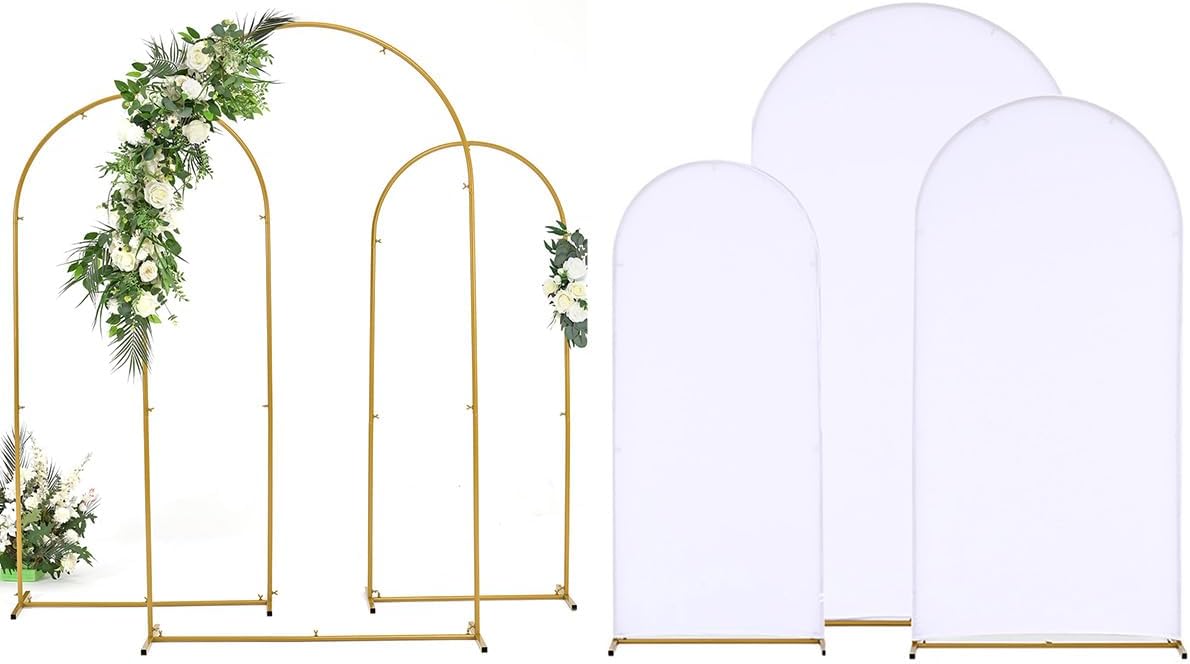 6 Soportes Arco Boda Metal Dorado con Fundas Elastano Blanco