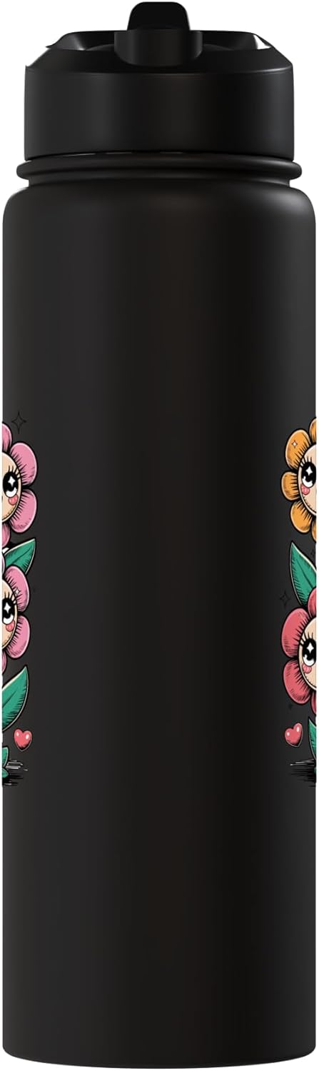 Botella de agua estilizada con flor feliz acero inoxidable