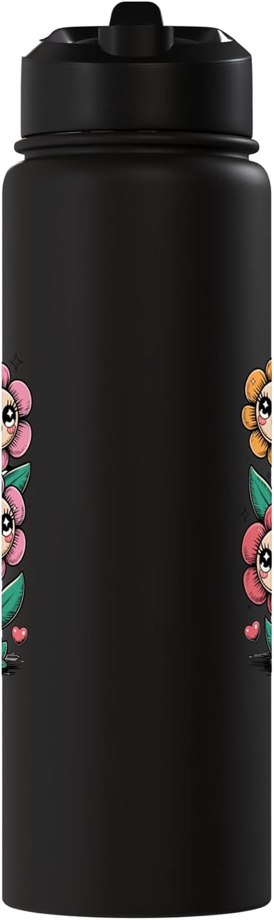 Botella de agua estilizada con flor feliz acero inoxidable