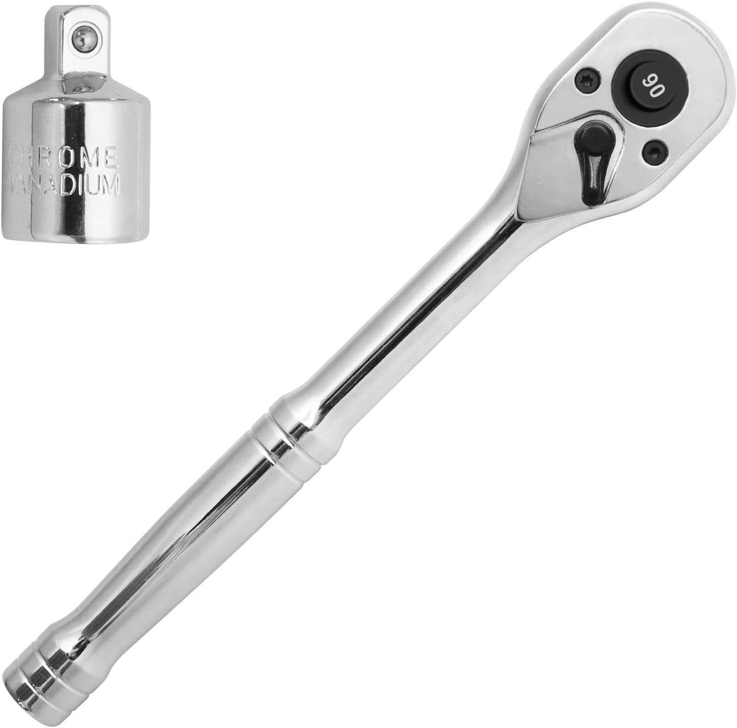 Trinquete 3/8 pulg con adaptador 1/4 y llave reversible 90 dientes